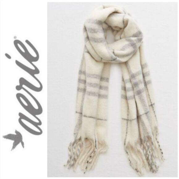 Aerie Cream Plaid Fringe Blanket Scarf - Picture 1 of 10